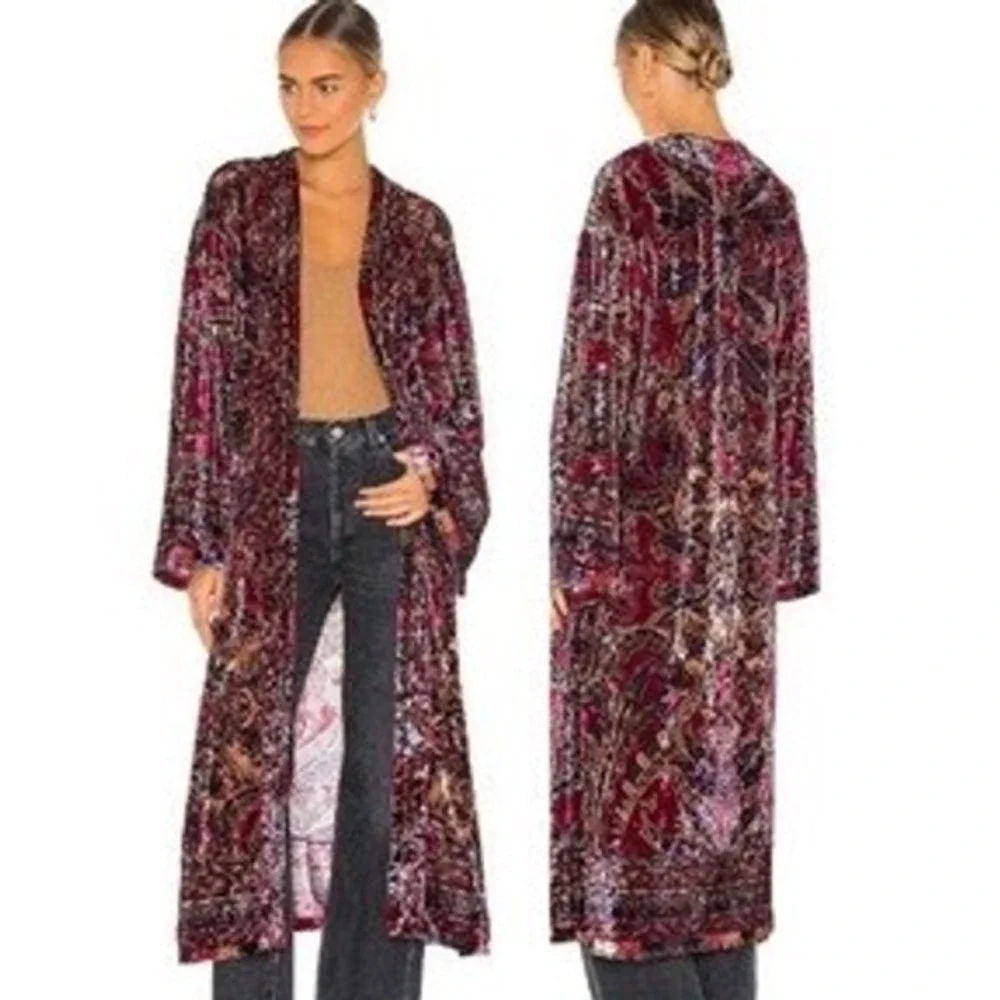 Free People Enchanted Velvet Duster Jacket Floral Kimono Fairytale Combo XS